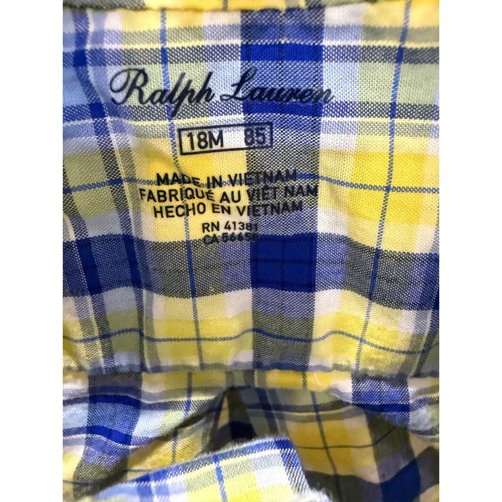 Ralph Lauren Boys 18M Yellow Blue‎ Plaid Button Down Shirt Long Sleeve Pony Logo